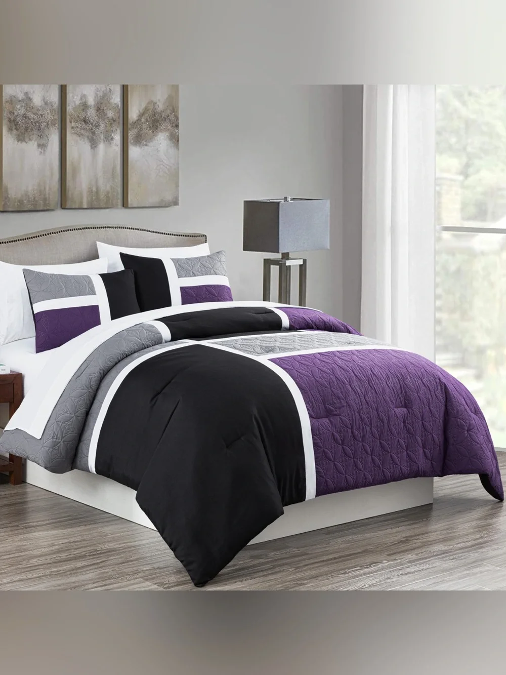 Modern Black, Purple & Gray Geometric queen 3 piece Comforter Set